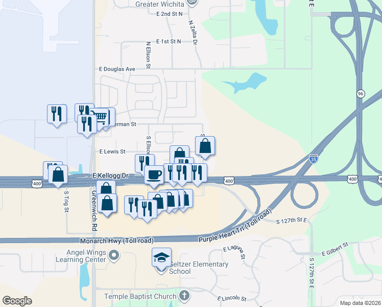 map of restaurants, bars, coffee shops, grocery stores, and more near 11828 East Lewis Street in Wichita