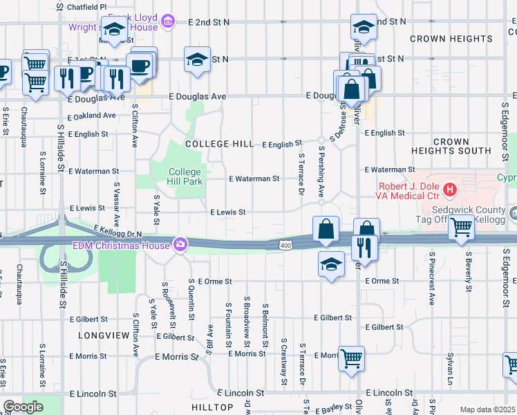 map of restaurants, bars, coffee shops, grocery stores, and more near 327 South Belmont Street in Wichita