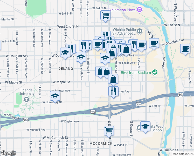 map of restaurants, bars, coffee shops, grocery stores, and more near 313 South Dodge Avenue in Wichita