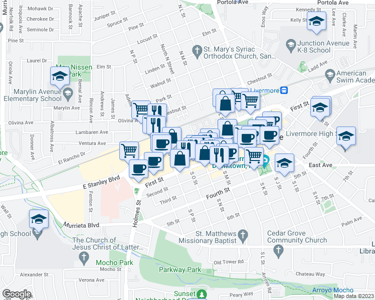 map of restaurants, bars, coffee shops, grocery stores, and more near 1757 Mill Springs Common in Livermore