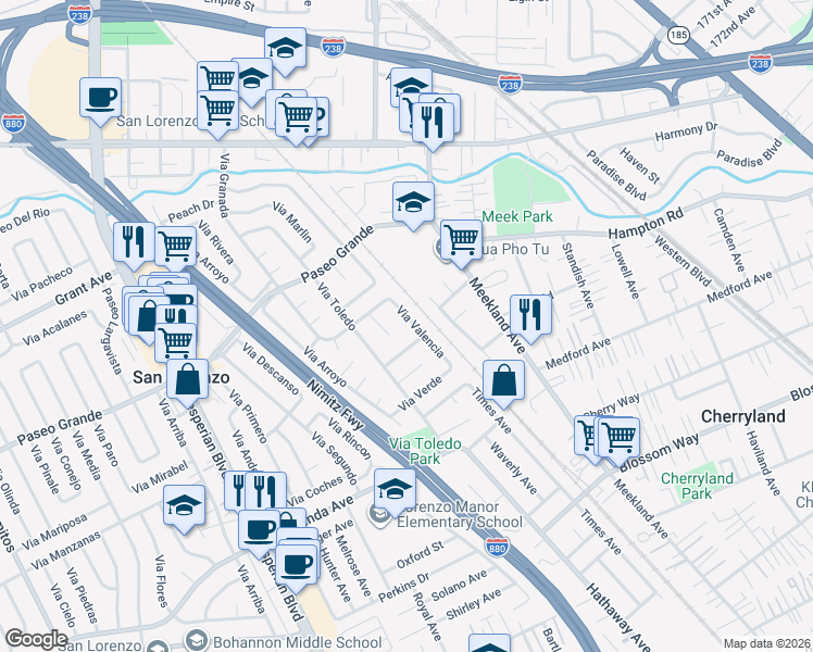 map of restaurants, bars, coffee shops, grocery stores, and more near 17453 Via Valencia in San Lorenzo