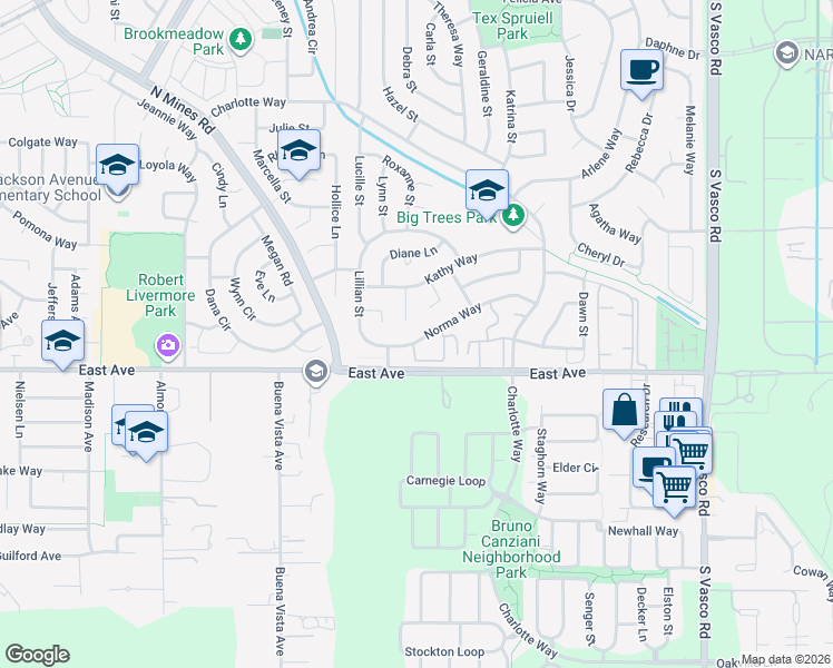 map of restaurants, bars, coffee shops, grocery stores, and more near 5222 Norma Way in Livermore