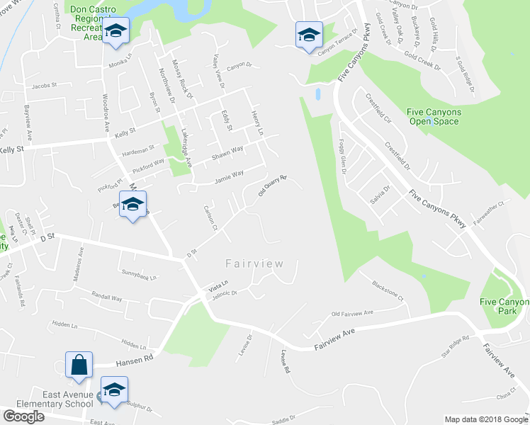 map of restaurants, bars, coffee shops, grocery stores, and more near 3439 D Street in Hayward