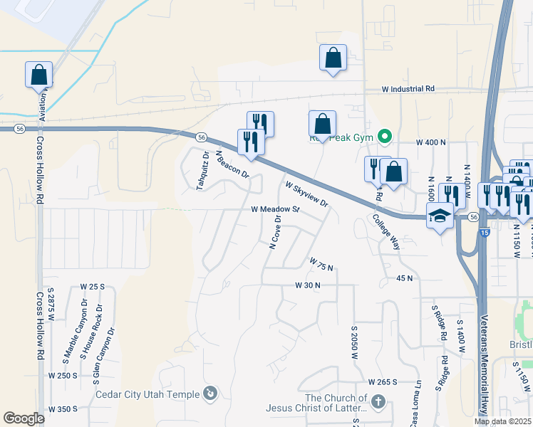 map of restaurants, bars, coffee shops, grocery stores, and more near 208 North Guidelight Drive in Cedar City