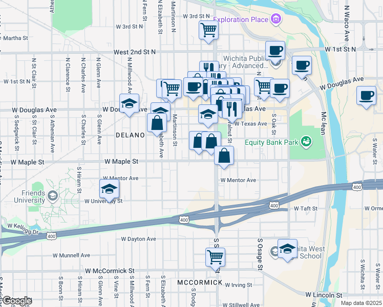 map of restaurants, bars, coffee shops, grocery stores, and more near 313 South Dodge Avenue in Wichita