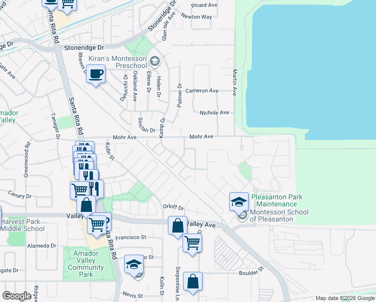 map of restaurants, bars, coffee shops, grocery stores, and more near 1747 Nursery Way in Pleasanton