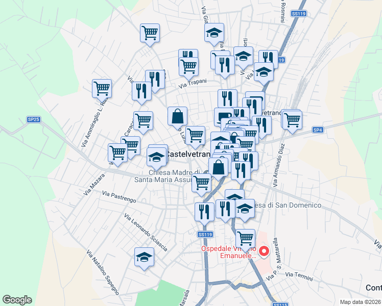 map of restaurants, bars, coffee shops, grocery stores, and more near 18 Piazza Diodoro Siculo in Castelvetrano
