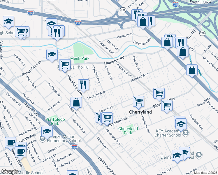 map of restaurants, bars, coffee shops, grocery stores, and more near 254 Medford Avenue in Hayward