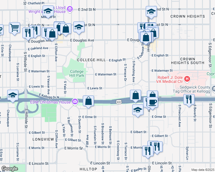 map of restaurants, bars, coffee shops, grocery stores, and more near 327 South Belmont Street in Wichita