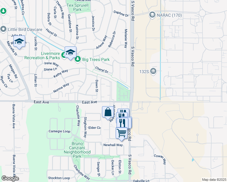 map of restaurants, bars, coffee shops, grocery stores, and more near 1752 Holly Common in Livermore
