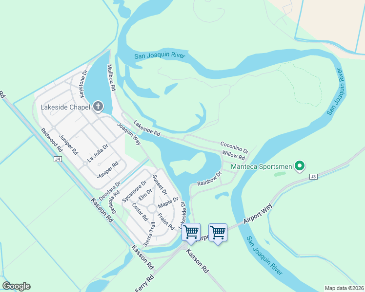 map of restaurants, bars, coffee shops, grocery stores, and more near Coconino Drive in Tracy
