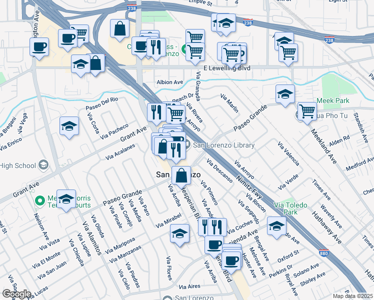 map of restaurants, bars, coffee shops, grocery stores, and more near 395 Paseo Grande in San Lorenzo