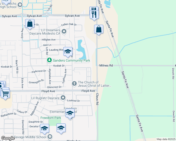 map of restaurants, bars, coffee shops, grocery stores, and more near 2832 Hawaiian Petrel Avenue in Modesto