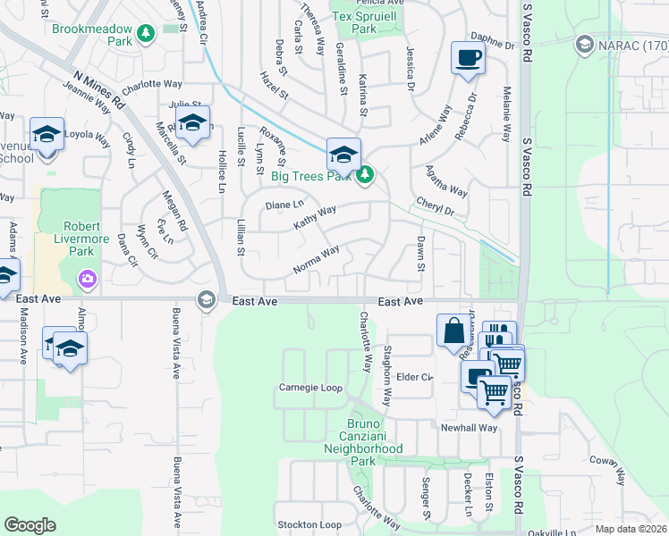 map of restaurants, bars, coffee shops, grocery stores, and more near 5643 Charlotte Way in Livermore