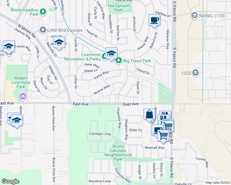 map of restaurants, bars, coffee shops, grocery stores, and more near 5643 Charlotte Way in Livermore