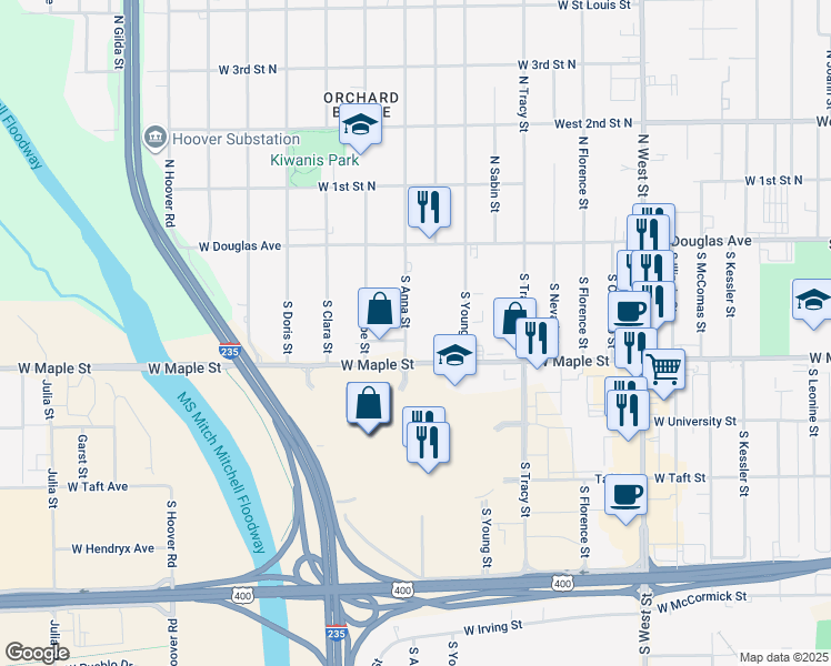 map of restaurants, bars, coffee shops, grocery stores, and more near 234 South Anna Street in Wichita