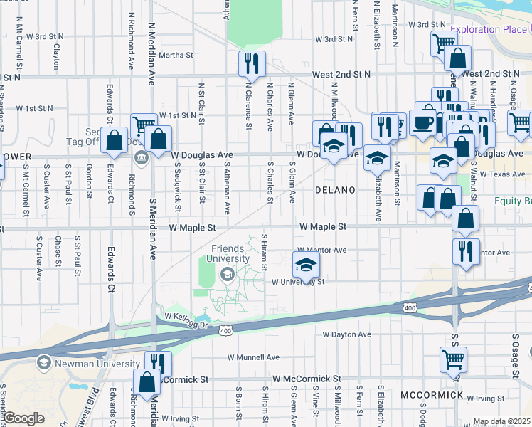 map of restaurants, bars, coffee shops, grocery stores, and more near 229 South Charles Street in Wichita