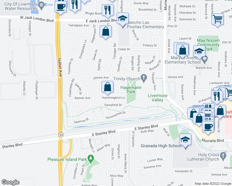 map of restaurants, bars, coffee shops, grocery stores, and more near 258 Turnstone Drive in Livermore
