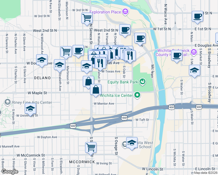 map of restaurants, bars, coffee shops, grocery stores, and more near 334 South Handley Street in Wichita