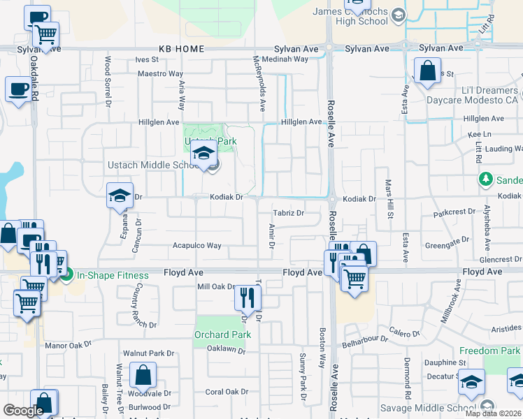 map of restaurants, bars, coffee shops, grocery stores, and more near 2913 Amir Place in Modesto