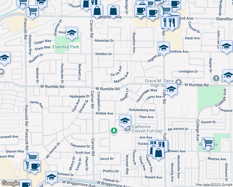 map of restaurants, bars, coffee shops, grocery stores, and more near 2819 Thornton Court in Modesto