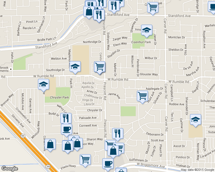 map of restaurants, bars, coffee shops, grocery stores, and more near 2817 Hillery Drive in Modesto