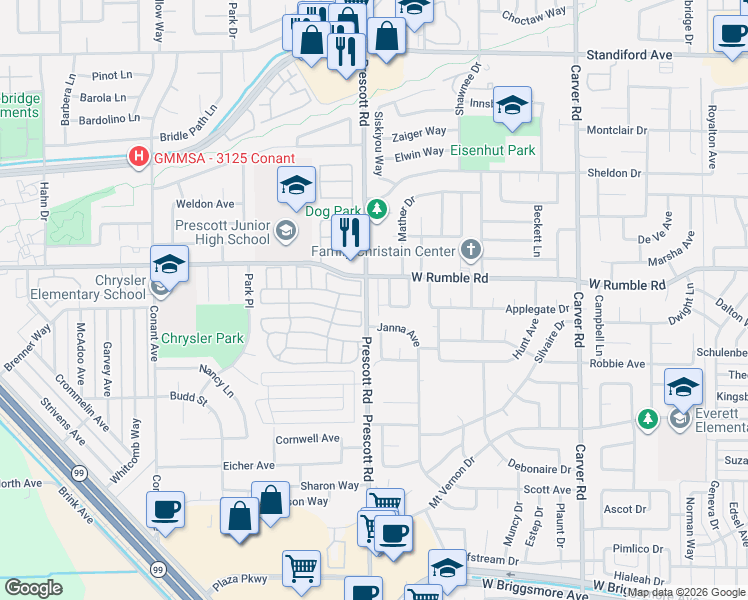 map of restaurants, bars, coffee shops, grocery stores, and more near 2817 Hillery Drive in Modesto