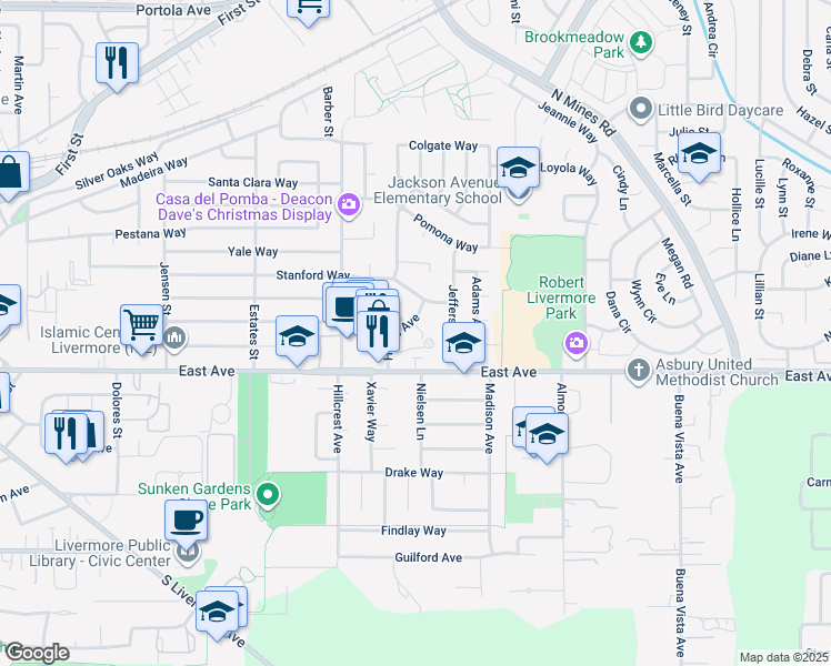 map of restaurants, bars, coffee shops, grocery stores, and more near 721 Hayes Court in Livermore
