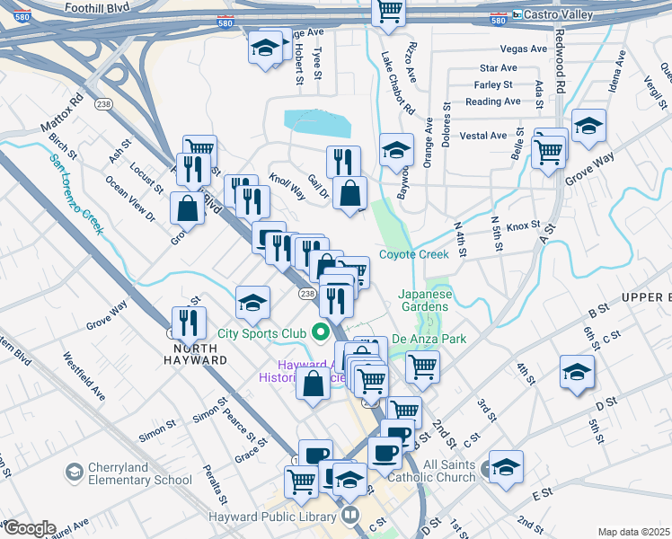 map of restaurants, bars, coffee shops, grocery stores, and more near 1307 Rex Road in Hayward