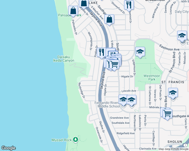 map of restaurants, bars, coffee shops, grocery stores, and more near 265 Avalon Drive in Daly City