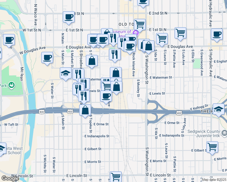 map of restaurants, bars, coffee shops, grocery stores, and more near 424 South Commerce Street in Wichita