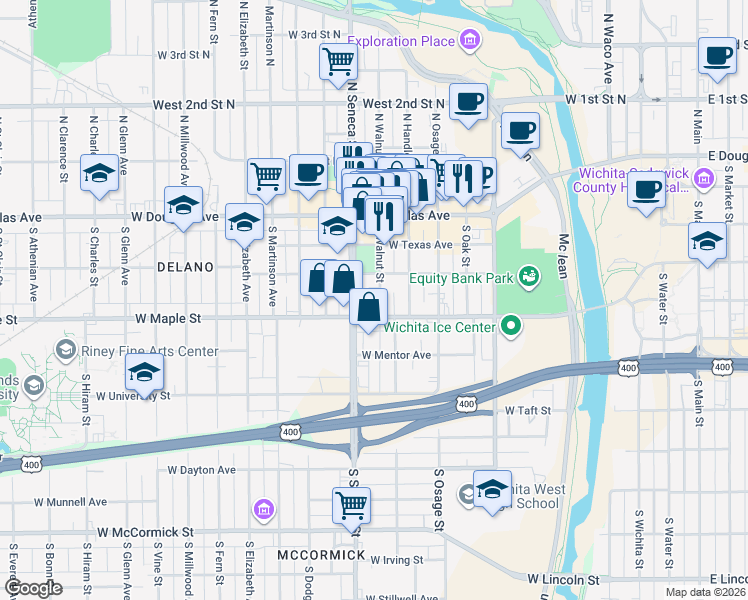 map of restaurants, bars, coffee shops, grocery stores, and more near 316 South Walnut Street in Wichita