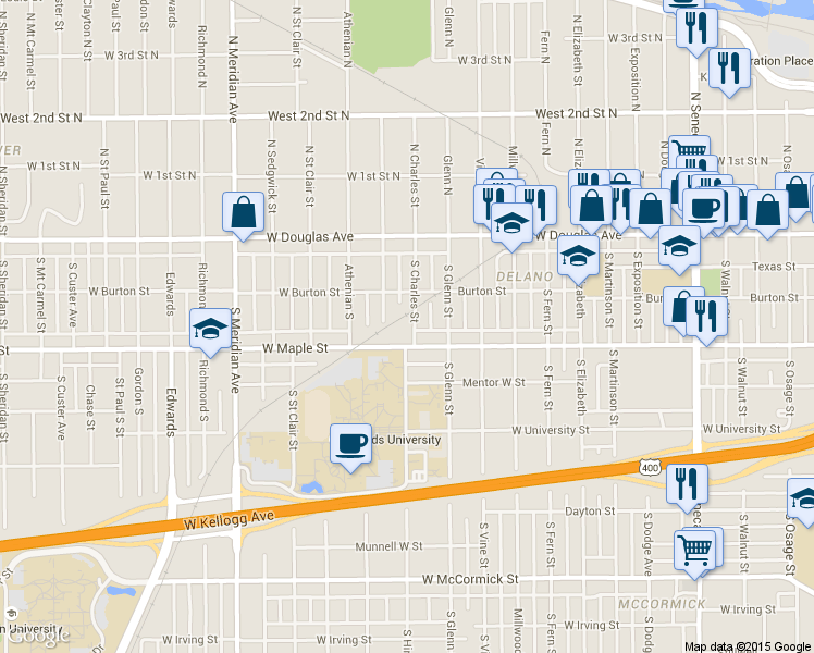 map of restaurants, bars, coffee shops, grocery stores, and more near 220 South Clarence Street in Wichita