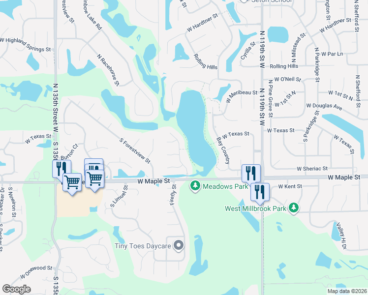 map of restaurants, bars, coffee shops, grocery stores, and more near 133 South Breezy Pointe Court in Wichita