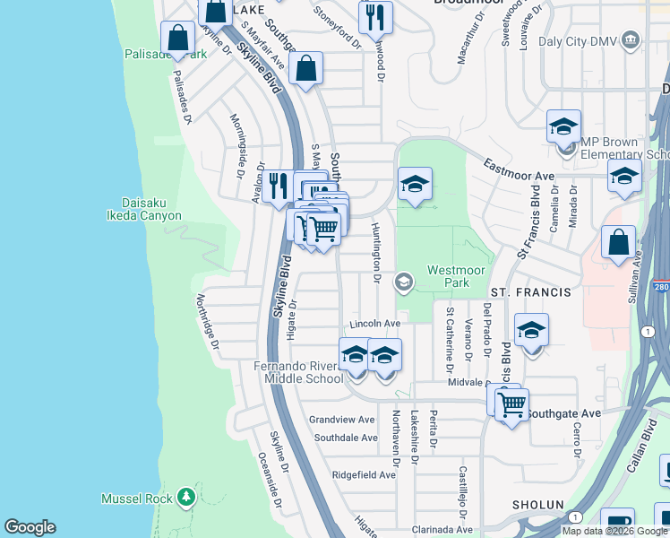 map of restaurants, bars, coffee shops, grocery stores, and more near 1098 Southgate Avenue in Daly City