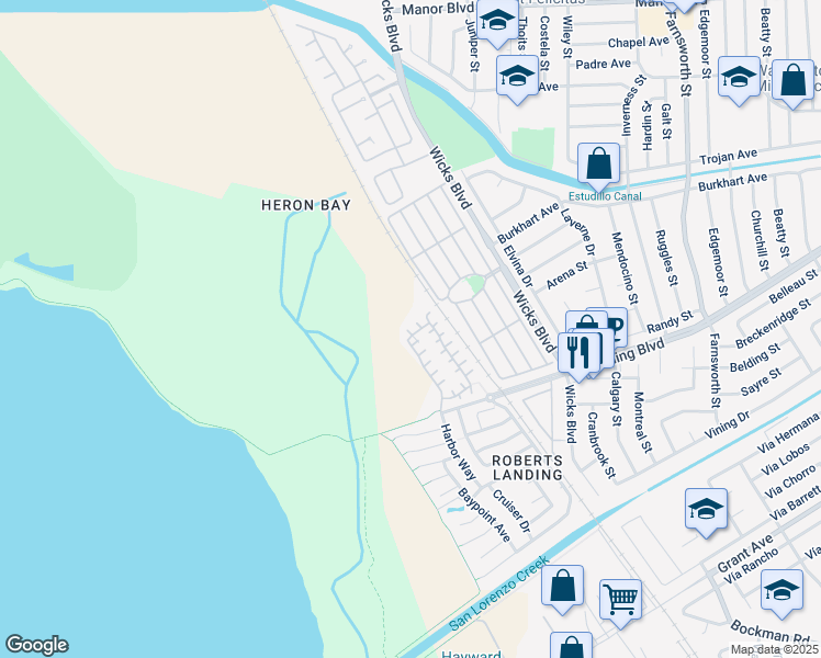 map of restaurants, bars, coffee shops, grocery stores, and more near 15358 Snowy Plover Court in San Leandro