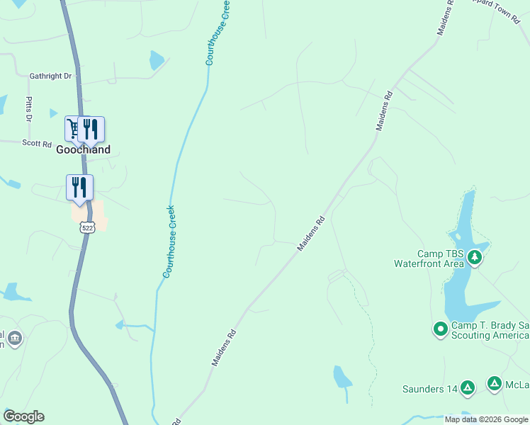 map of restaurants, bars, coffee shops, grocery stores, and more near 2498 Courthouse Creek Road in Maidens