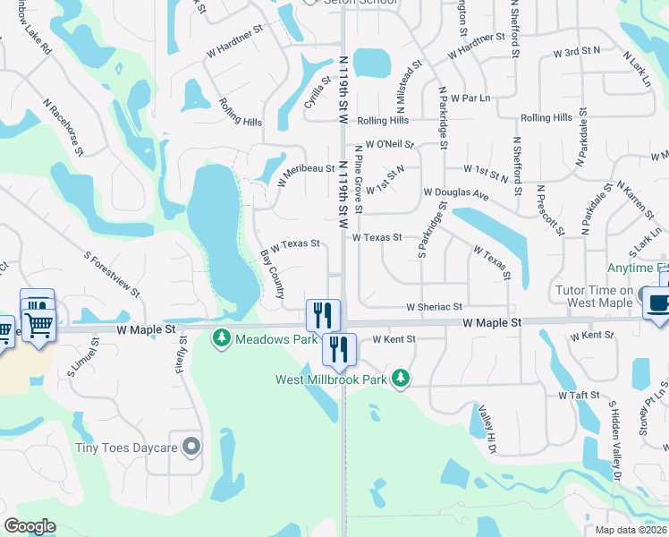 map of restaurants, bars, coffee shops, grocery stores, and more near 100-230 S Millbrook Rd in Wichita