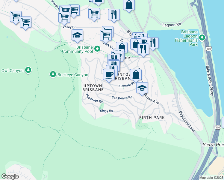 map of restaurants, bars, coffee shops, grocery stores, and more near 500 Alvarado Street in Brisbane