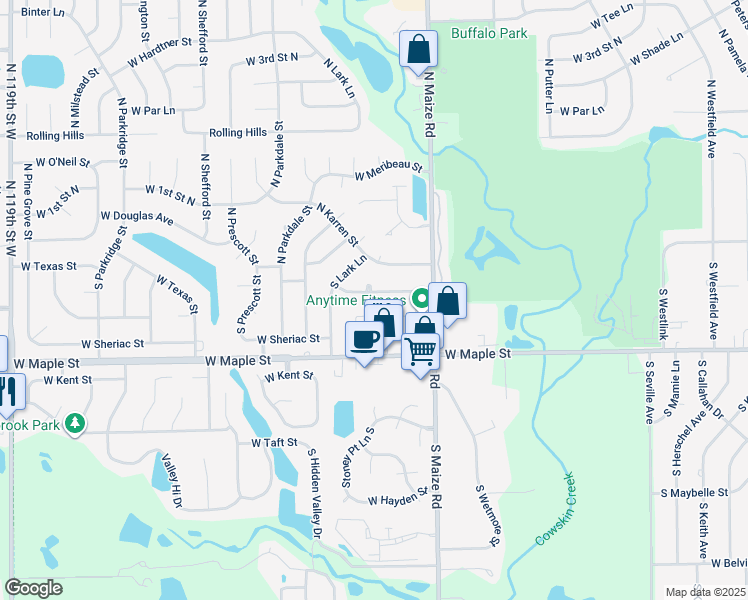 map of restaurants, bars, coffee shops, grocery stores, and more near 10617 West Texas Street in Wichita