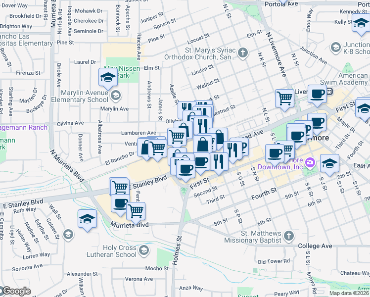 map of restaurants, bars, coffee shops, grocery stores, and more near 1456 Railroad Avenue in Livermore