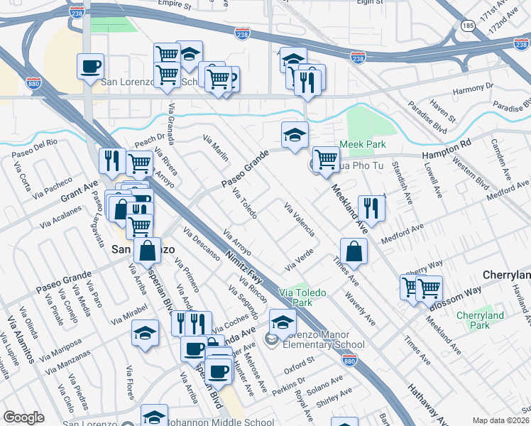 map of restaurants, bars, coffee shops, grocery stores, and more near 17031 Via Corona in San Lorenzo