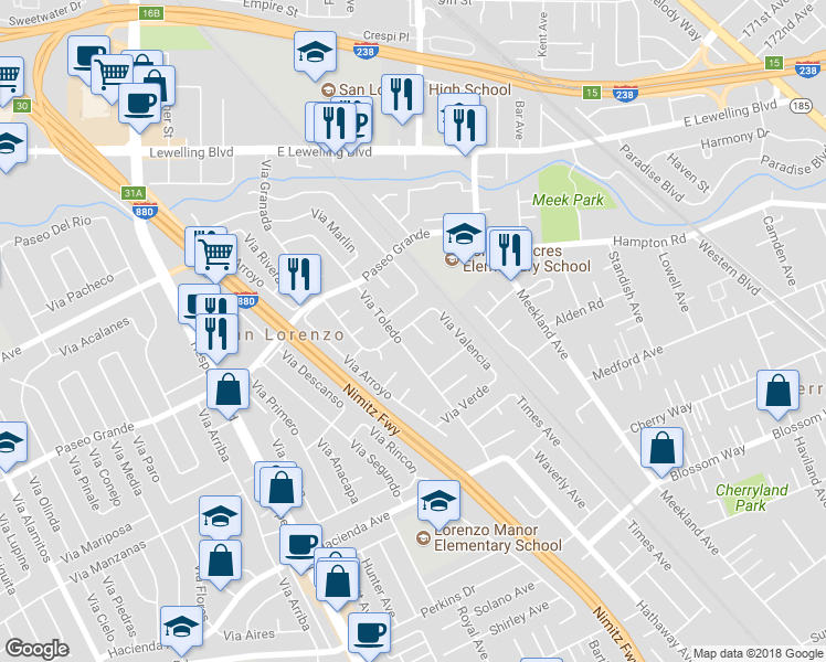 map of restaurants, bars, coffee shops, grocery stores, and more near 17031 Via Corona in San Lorenzo