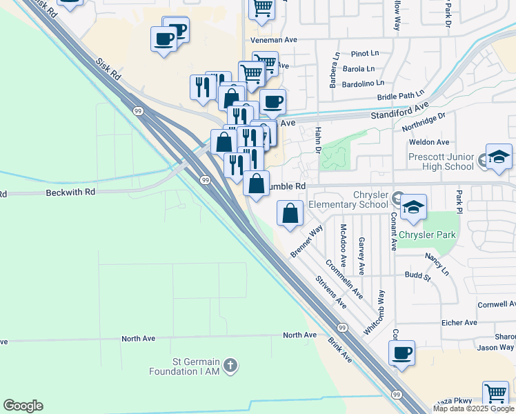 map of restaurants, bars, coffee shops, grocery stores, and more near 2900 West Rumble Road in Modesto