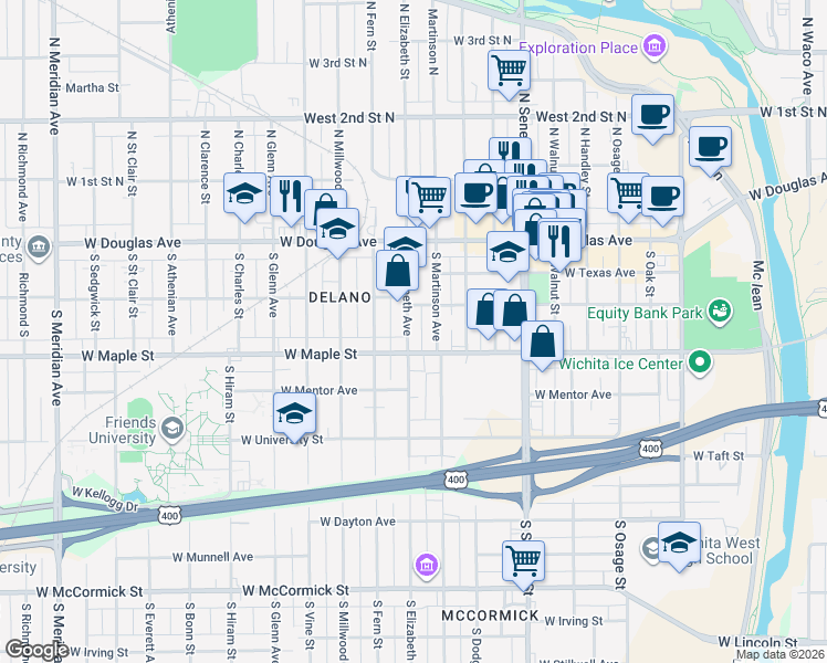 map of restaurants, bars, coffee shops, grocery stores, and more near 312 South Elizabeth in Wichita