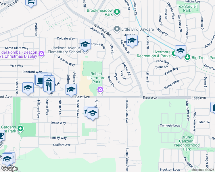 map of restaurants, bars, coffee shops, grocery stores, and more near 4633 Gerrilyn Way in Livermore