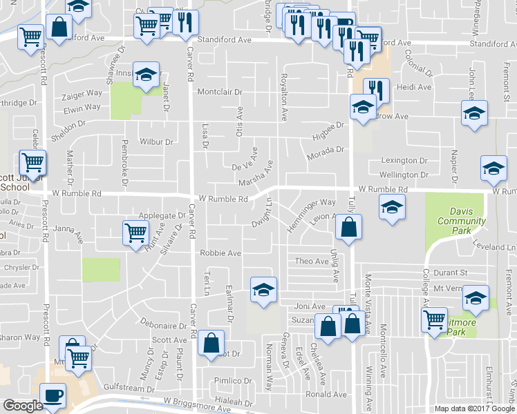 map of restaurants, bars, coffee shops, grocery stores, and more near 2819 Thornton Court in Modesto