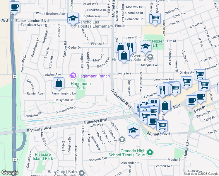 map of restaurants, bars, coffee shops, grocery stores, and more near 228 North Murrieta Boulevard in Livermore