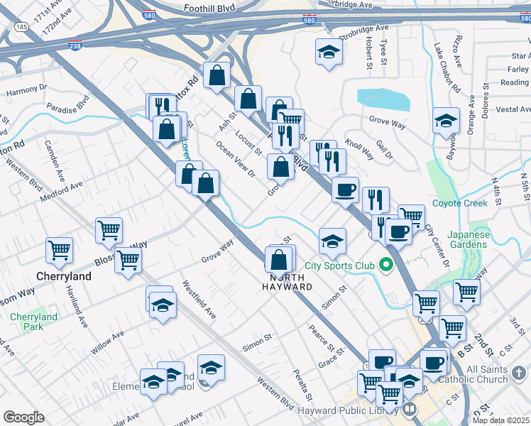map of restaurants, bars, coffee shops, grocery stores, and more near 1129 Grove Way in Hayward