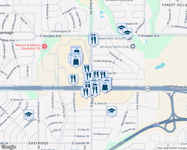 map of restaurants, bars, coffee shops, grocery stores, and more near 8014 East Willowbrook Road in Wichita